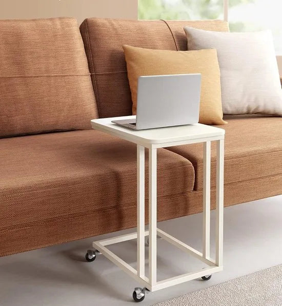 FurnStar - Bijzettafel - Banktafel met Wieltjes - C-Vorm - Mobiele Koffietafel - 35 x 50 x 60 cm - Woonkamertafel met Metalen Frame - Voor Koffie en Laptop - Industrieel Design - Crème-Wit