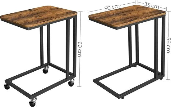 FurnStar - Bijzettafel - Banktafel met Wieltjes - C-Vorm - Mobiele Koffietafel - 35 x 50 x 60 cm - Woonkamertafel met Metalen Frame - Voor Koffie en Laptop - Industrieel Design - Vintage