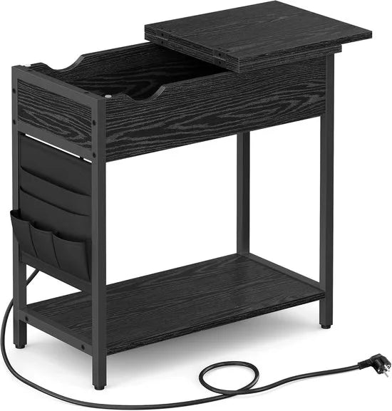 FurnStar - Bijzettafel met stopcontact en USB-poorten – Smal nachtkastje voor woonkamer en slaapkamer – Zwart met houtnerf