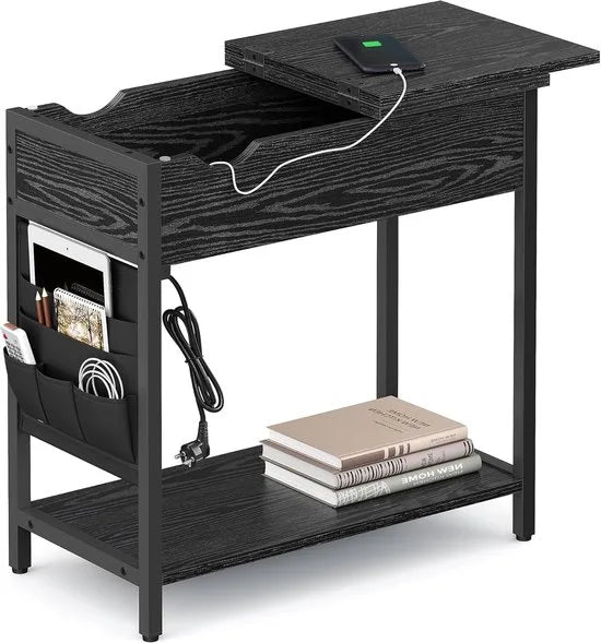 FurnStar - Bijzettafel met stopcontact en USB-poorten – Smal nachtkastje voor woonkamer en slaapkamer – Zwart met houtnerf