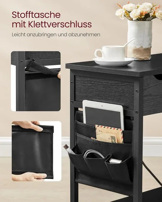 FurnStar - Bijzettafel met stopcontact en USB-poorten – Smal nachtkastje voor woonkamer en slaapkamer – Zwart met houtnerf