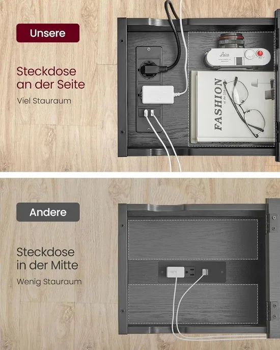 FurnStar - Bijzettafel met stopcontact en USB-poorten – Smal nachtkastje voor woonkamer en slaapkamer – Zwart met houtnerf