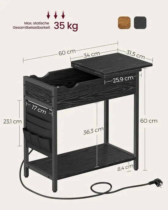 FurnStar - Bijzettafel met stopcontact en USB-poorten – Smal nachtkastje voor woonkamer en slaapkamer – Zwart met houtnerf