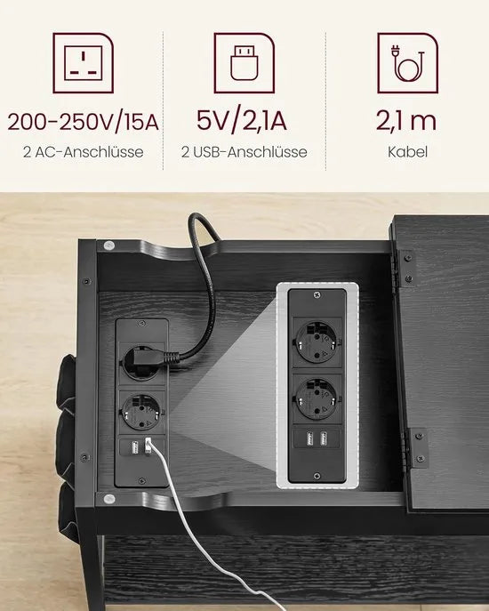 FurnStar - Bijzettafel met stopcontact en USB-poorten – Smal nachtkastje voor woonkamer en slaapkamer – Zwart met houtnerf