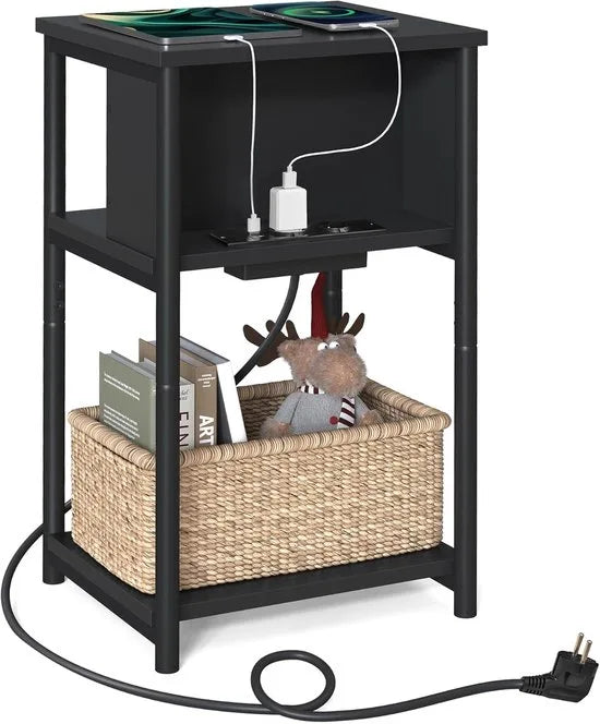 FurnStar - Bijzettafel - nachtkastje met stopcontact - klein - 2 AC-aansluitingen - 2 USB-poorten - 30 x 34 x 58 cm - voor woonkamer - slaapkamer - vintage bruin-zwart – Zwart