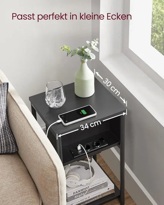 FurnStar – Bijzettafel met stopcontact – Nachtkastje – 2 AC & 2 USB-poorten – Stalen frame – 30 x 34 x 58 cm – Zwart