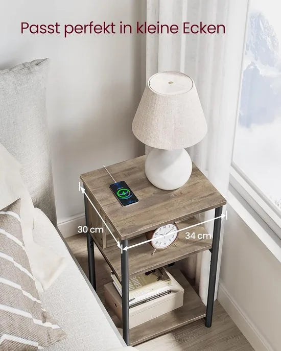 FurnStar – Bijzettafel met stopcontact – Nachtkastje – 2 AC & 2 USB-poorten – Stalen frame – 30 x 34 x 58 cm – Hazelnootbruin-zwart