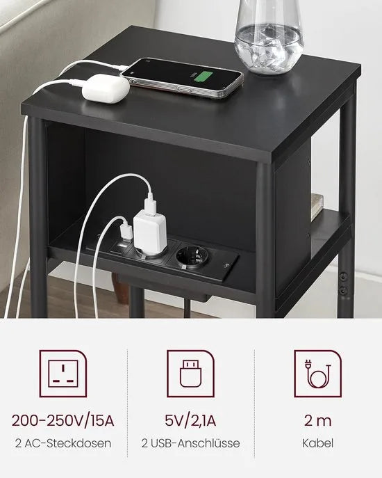 FurnStar – Bijzettafel met stopcontact – Nachtkastje – 2 AC & 2 USB-poorten – Stalen frame – 30 x 34 x 58 cm – Zwart