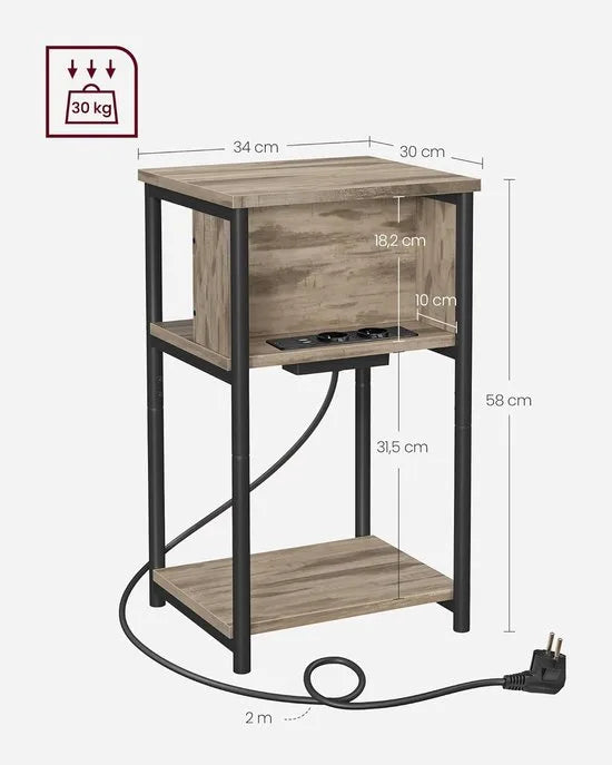 FurnStar – Bijzettafel met stopcontact – Nachtkastje – 2 AC & 2 USB-poorten – Stalen frame – 30 x 34 x 58 cm – Hazelnootbruin-zwart