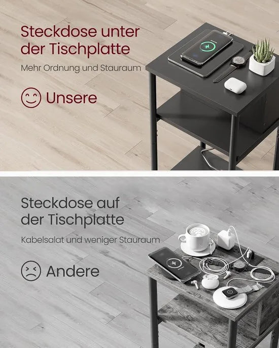 FurnStar – Bijzettafel met stopcontact – Nachtkastje – 2 AC & 2 USB-poorten – Stalen frame – 30 x 34 x 58 cm – Zwart