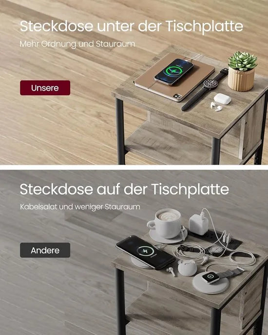 FurnStar – Bijzettafel met stopcontact – Nachtkastje – 2 AC & 2 USB-poorten – Stalen frame – 30 x 34 x 58 cm – Hazelnootbruin-zwart