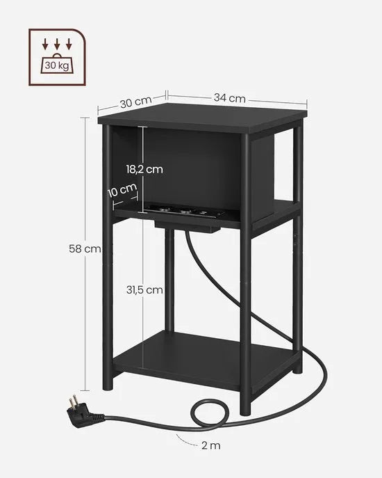 FurnStar – Bijzettafel met stopcontact – Nachtkastje – 2 AC & 2 USB-poorten – Stalen frame – 30 x 34 x 58 cm – Zwart