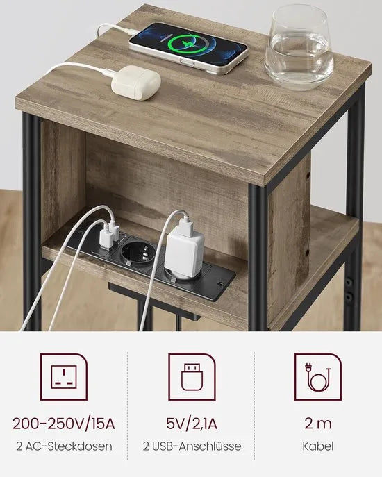 FurnStar – Bijzettafel met stopcontact – Nachtkastje – 2 AC & 2 USB-poorten – Stalen frame – 30 x 34 x 58 cm – Hazelnootbruin-zwart
