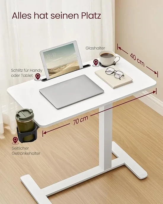 FurnStar Bijzettafel met wieltjes – Mobiele statafel – Verstelbare hoogte – 70 x 40 cm – Met bekerhouders en telefoonhouder – Wolkenwit