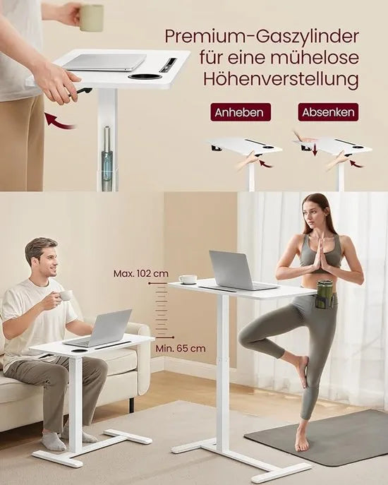 FurnStar Bijzettafel met wieltjes – Mobiele statafel – Verstelbare hoogte – 70 x 40 cm – Met bekerhouders en telefoonhouder – Wolkenwit