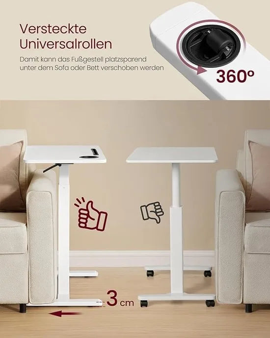 FurnStar Bijzettafel met wieltjes – Mobiele statafel – Verstelbare hoogte – 70 x 40 cm – Met bekerhouders en telefoonhouder – Wolkenwit