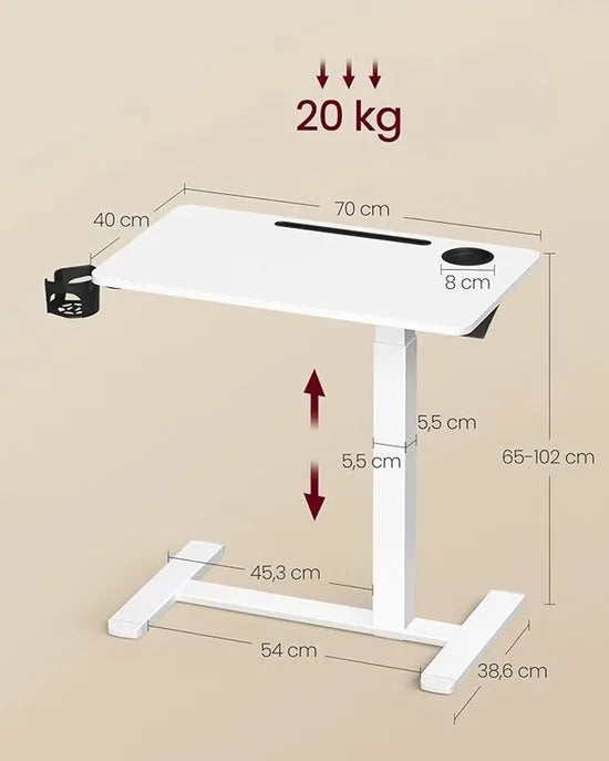 FurnStar Bijzettafel met wieltjes – Mobiele statafel – Verstelbare hoogte – 70 x 40 cm – Met bekerhouders en telefoonhouder – Wolkenwit