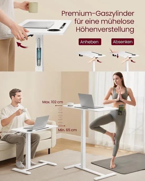 FurnStar Bijzettafel met wieltjes – Verstelbare hoogte- Mobiele statafel 80 x 45 cm – Voor woonkamer en slaapkamer – Wolkenwit