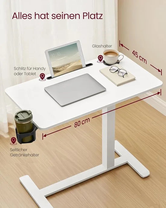 FurnStar Bijzettafel met wieltjes – Verstelbare hoogte- Mobiele statafel 80 x 45 cm – Voor woonkamer en slaapkamer – Wolkenwit