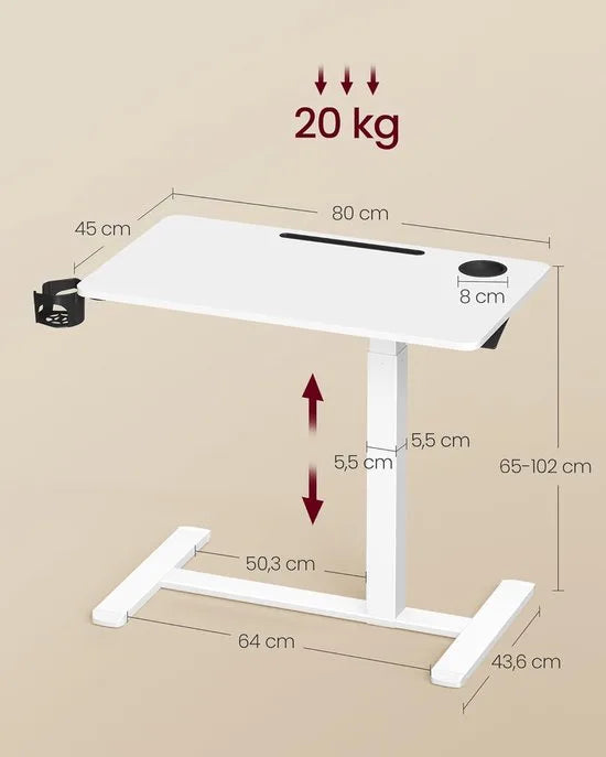 FurnStar Bijzettafel met wieltjes – Verstelbare hoogte- Mobiele statafel 80 x 45 cm – Voor woonkamer en slaapkamer – Wolkenwit