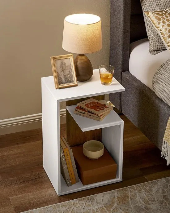 FurnStar Bijzettafel – Nachtkastje met open vak & plank – Verticaal of horizontaal te gebruiken – Kleine tafel met opbergruimte – Walnootbruin-Wit– 30 x 40 x 60 cm