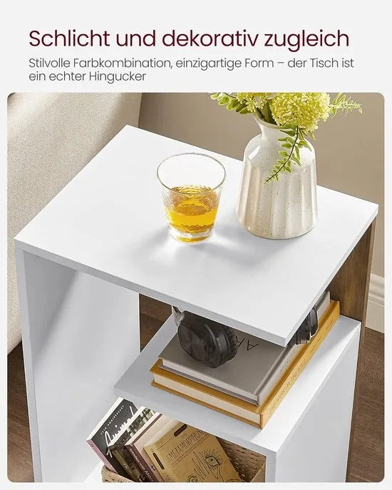 FurnStar Bijzettafel – Nachtkastje met open vak & plank – Verticaal of horizontaal te gebruiken – Kleine tafel met opbergruimte – Walnootbruin-Wit– 30 x 40 x 60 cm