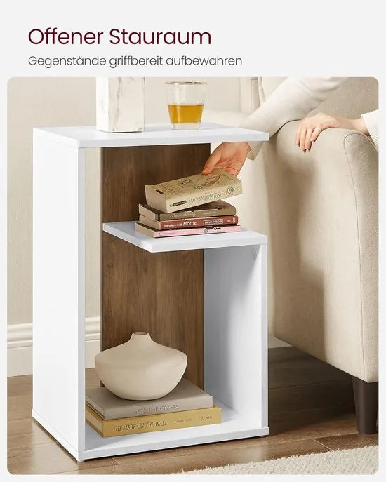 FurnStar Bijzettafel – Nachtkastje met open vak & plank – Verticaal of horizontaal te gebruiken – Kleine tafel met opbergruimte – Walnootbruin-Wit– 30 x 40 x 60 cm