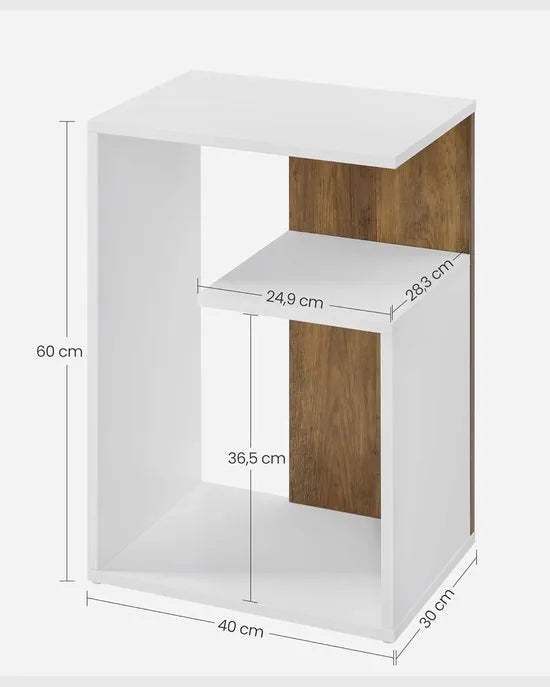 FurnStar Bijzettafel – Nachtkastje met open vak & plank – Verticaal of horizontaal te gebruiken – Kleine tafel met opbergruimte – Walnootbruin-Wit– 30 x 40 x 60 cm