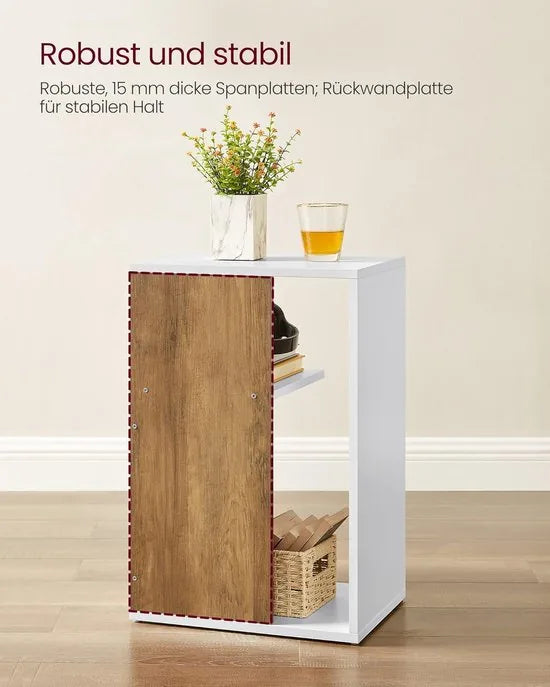 FurnStar Bijzettafel – Nachtkastje met open vak & plank – Verticaal of horizontaal te gebruiken – Kleine tafel met opbergruimte – Walnootbruin-Wit– 30 x 40 x 60 cm