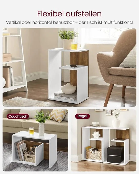 FurnStar Bijzettafel – Nachtkastje met open vak & plank – Verticaal of horizontaal te gebruiken – Kleine tafel met opbergruimte – Walnootbruin-Wit– 30 x 40 x 60 cm