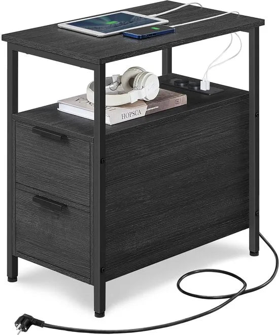 FurnStar - Bijzettafel - Nachtkastje met Stekkerdoos - 2 Laden - Banktafel - Nachtkastje voor Woonkamer en Slaapkamer - Antracietgrijs - Inktzwart