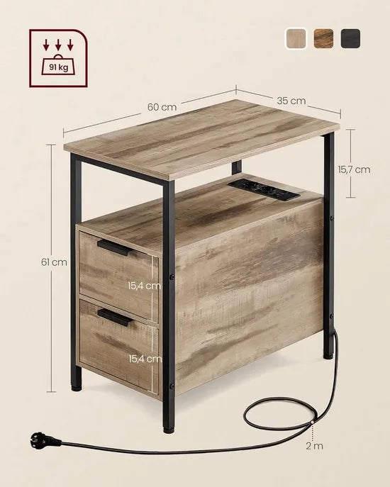 Furnstar Bijzettafel - nachtkastje met stekkerdoos - 2 laden - banktafel - nachtkastje voor woonkamer - slaapkamer - camelbruin-inktzwart