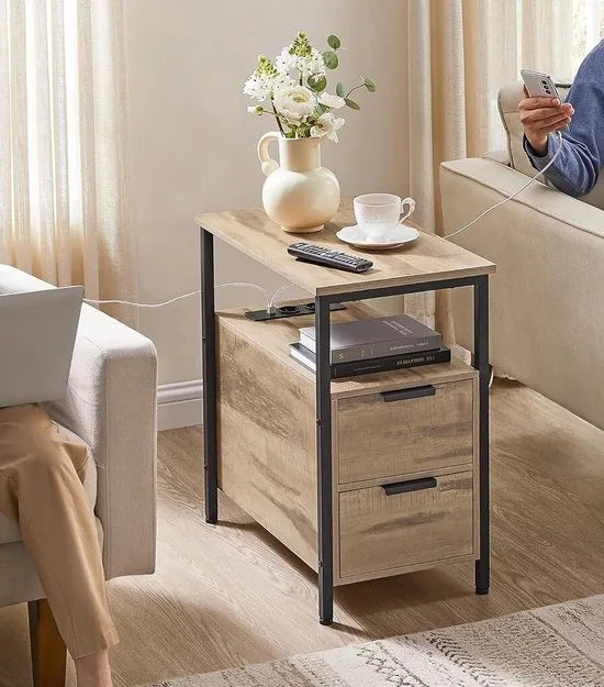Furnstar Bijzettafel - nachtkastje met stekkerdoos - 2 laden - banktafel - nachtkastje voor woonkamer - slaapkamer - camelbruin-inktzwart