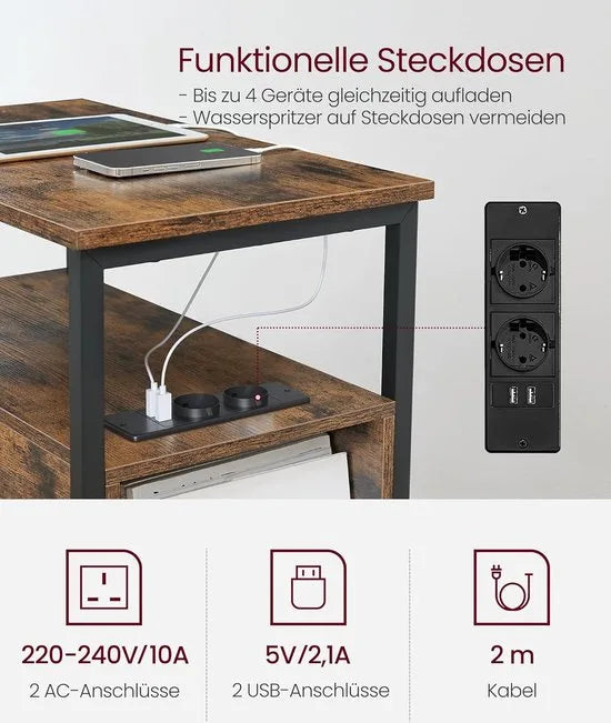 FurnStar - Bijzettafel - Nachtkastje met stekkerdoos - 2 Laden - Banktafel - Nachtkastje voor woonkamer - Slaapkamer - Vintage bruin + Inktzwart