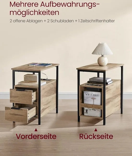 Furnstar Bijzettafel - nachtkastje met stekkerdoos - 2 laden - banktafel - nachtkastje voor woonkamer - slaapkamer - camelbruin-inktzwart