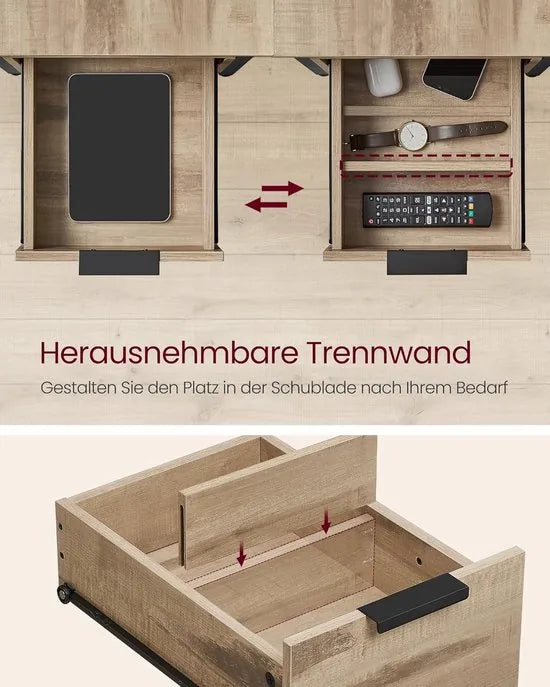 Furnstar Bijzettafel - nachtkastje met stekkerdoos - 2 laden - banktafel - nachtkastje voor woonkamer - slaapkamer - camelbruin-inktzwart