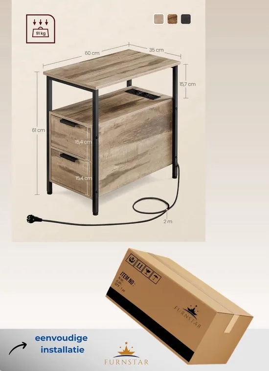 Furnstar Bijzettafel - nachtkastje met stekkerdoos - 2 laden - banktafel - nachtkastje voor woonkamer - slaapkamer - camelbruin-inktzwart