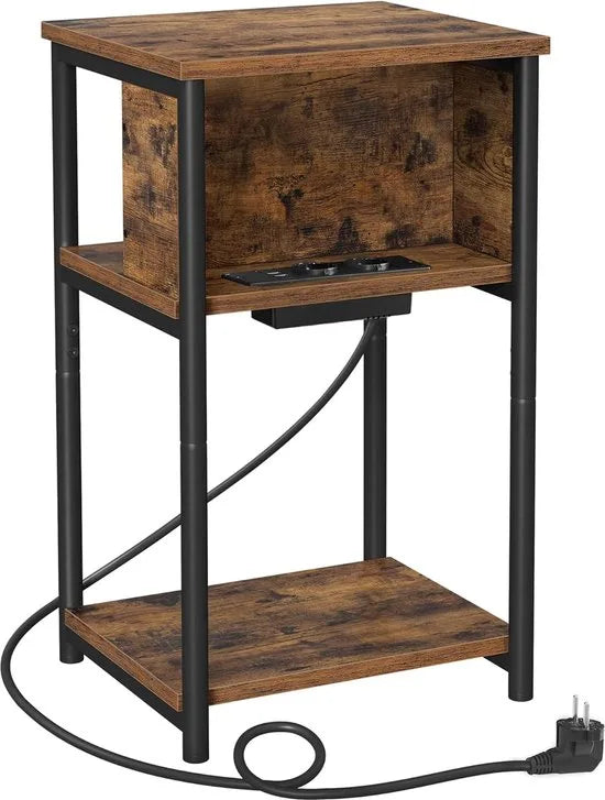 FurnStar - Bijzettafel - nachtkastje met stopcontact - klein - 2 AC-aansluitingen - 2 USB-poorten - 30 x 34 x 58 cm - voor woonkamer - slaapkamer - vintage bruin-zwart