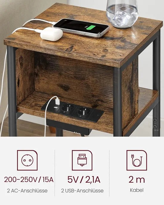 FurnStar - Bijzettafel - nachtkastje met stopcontact - klein - 2 AC-aansluitingen - 2 USB-poorten - 30 x 34 x 58 cm - voor woonkamer - slaapkamer - vintage bruin-zwart