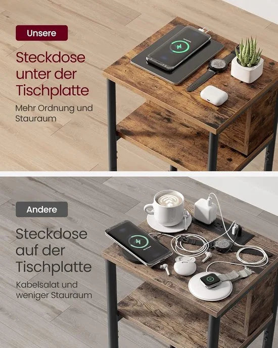 FurnStar - Bijzettafel - nachtkastje met stopcontact - klein - 2 AC-aansluitingen - 2 USB-poorten - 30 x 34 x 58 cm - voor woonkamer - slaapkamer - vintage bruin-zwart