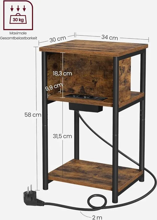 FurnStar - Bijzettafel - nachtkastje met stopcontact - klein - 2 AC-aansluitingen - 2 USB-poorten - 30 x 34 x 58 cm - voor woonkamer - slaapkamer - vintage bruin-zwart