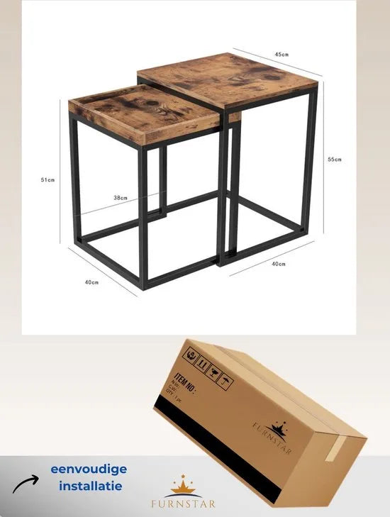FurnStar - Bijzettafel - Set van 2 - Moderne industriële stijl - Eenvoudig in en uit elkaar te schuiven - 45 x 40 x 55 cm / 40 x 38 x 51 cm - Licht hout-bruin