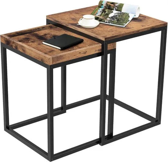 FurnStar - Bijzettafel - Set van 2 - Moderne industriële stijl - Eenvoudig in en uit elkaar te schuiven - 45 x 40 x 55 cm / 40 x 38 x 51 cm - Licht hout-bruin