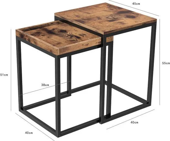 FurnStar - Bijzettafel - Set van 2 - Moderne industriële stijl - Eenvoudig in en uit elkaar te schuiven - 45 x 40 x 55 cm / 40 x 38 x 51 cm - Licht hout-bruin