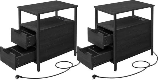 FurnStar - Bijzettafel - set van 2 - nachtkastje met stekkerdoos - 2 laden - banktafel - nachtkastje voor woonkamer - slaapkamer - zwart + houtnerf
