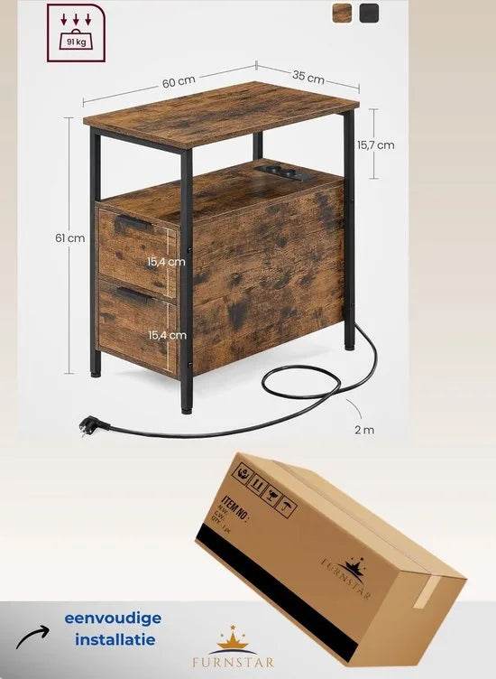 FurnStar - Bijzettafel - set van 2 - nachtkastje met stekkerdoos - 2 laden - banktafel - nachtkastje voor woonkamer - slaapkamer - vintage bruin + inktzwart