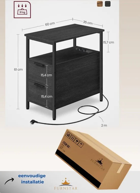 FurnStar - Bijzettafel - set van 2 - nachtkastje met stekkerdoos - 2 laden - banktafel - nachtkastje voor woonkamer - slaapkamer - zwart + houtnerf