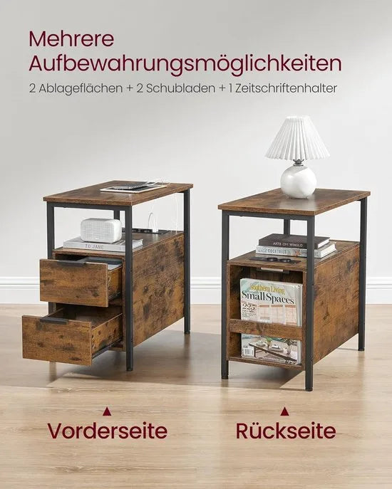 FurnStar - Bijzettafel - set van 2 - nachtkastje met stekkerdoos - 2 laden - banktafel - nachtkastje voor woonkamer - slaapkamer - vintage bruin + inktzwart