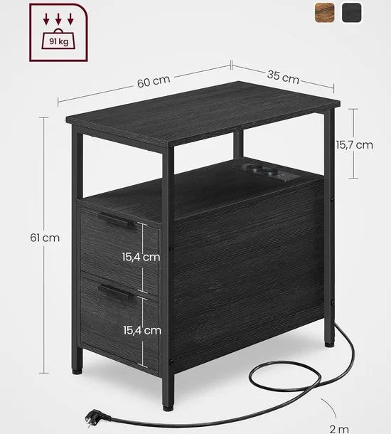 FurnStar - Bijzettafel - set van 2 - nachtkastje met stekkerdoos - 2 laden - banktafel - nachtkastje voor woonkamer - slaapkamer - zwart + houtnerf