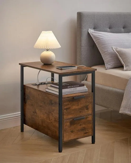 FurnStar - Bijzettafel - set van 2 - nachtkastje met stekkerdoos - 2 laden - banktafel - nachtkastje voor woonkamer - slaapkamer - vintage bruin + inktzwart